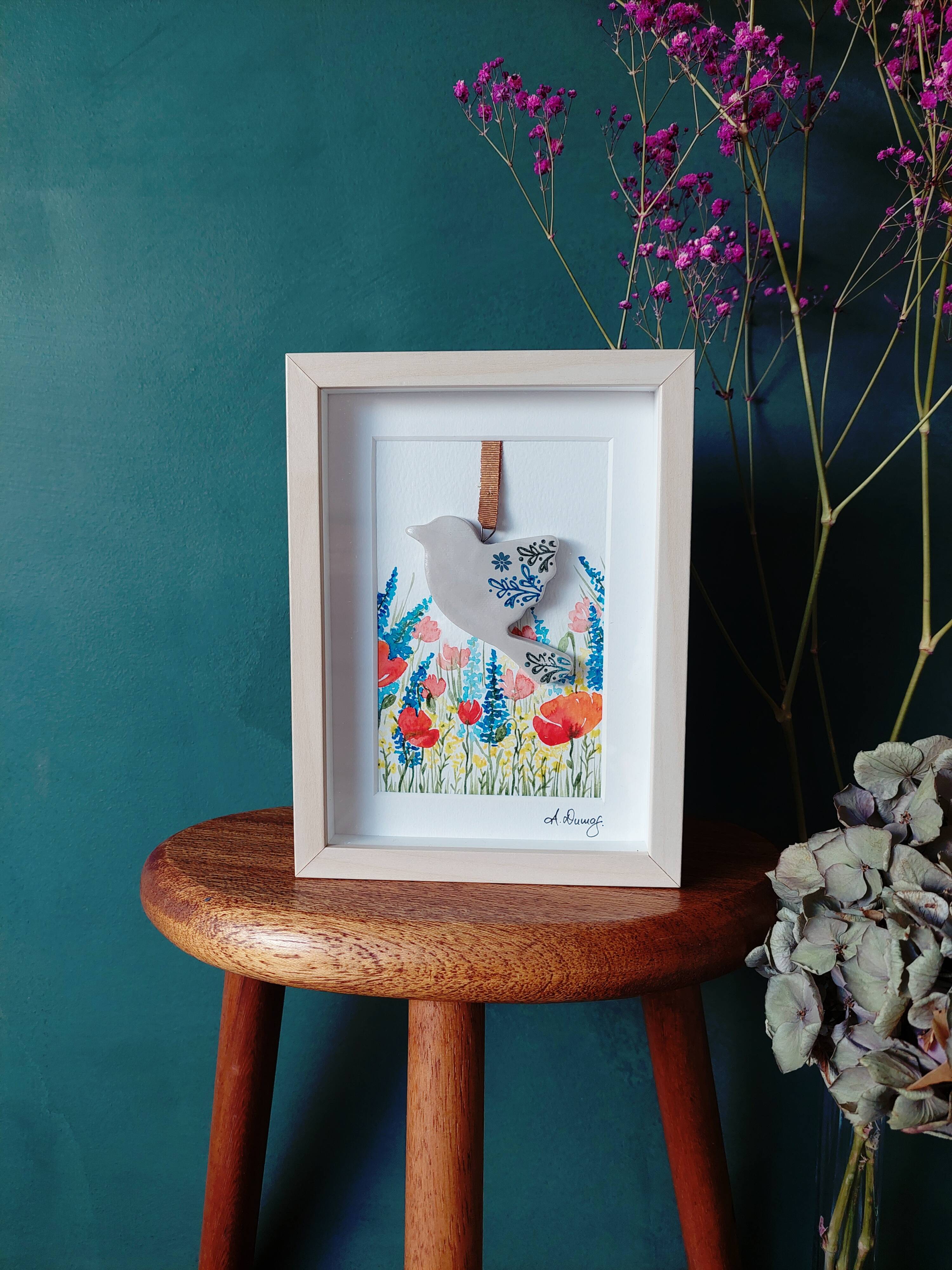Floral watercolor composition and handmade clay bird