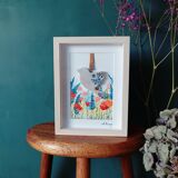 Floral watercolor composition and handmade clay bird
