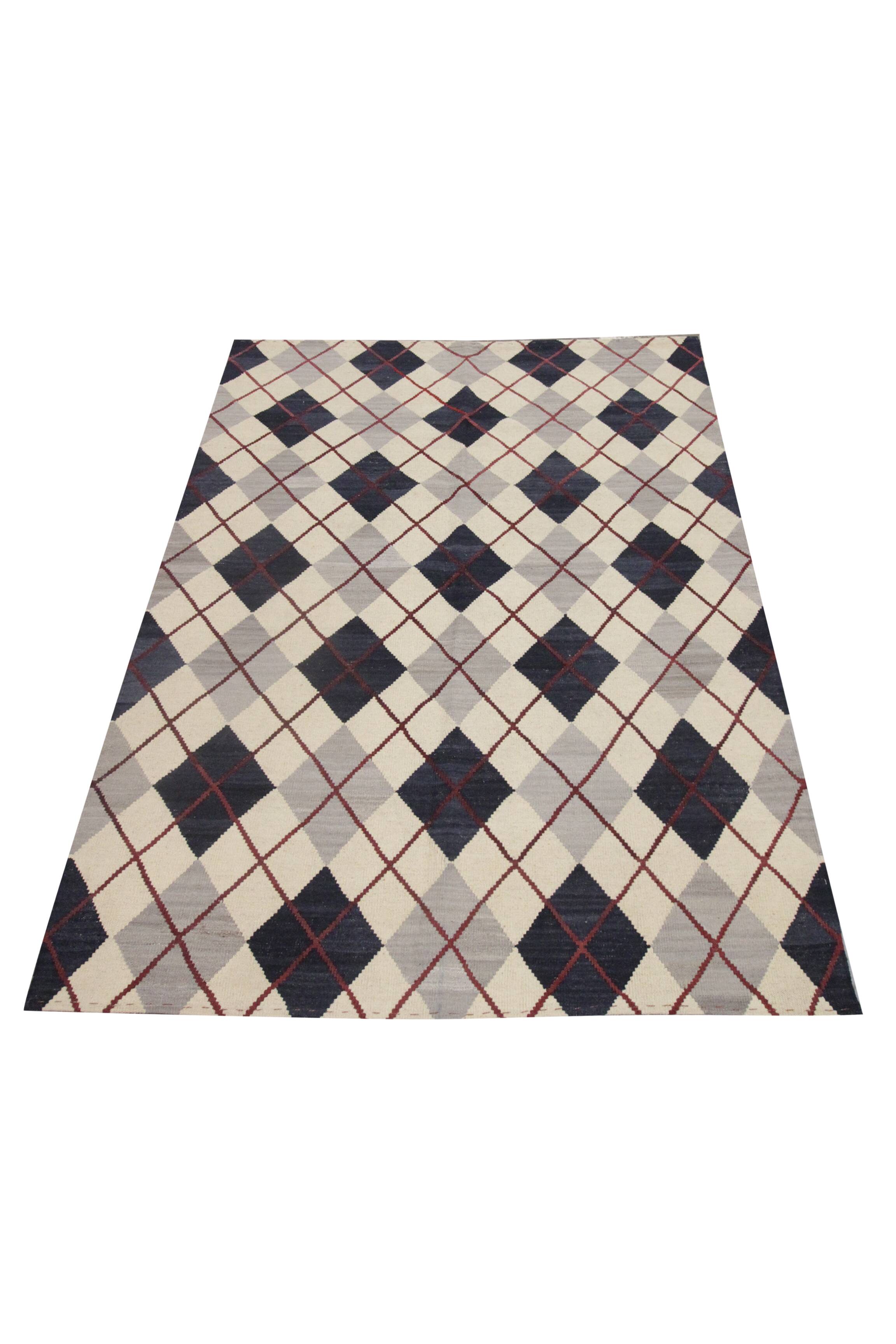 Cream Navy Wool Kilim Rug, Modern Check Diamond Flatweave Carpet 192x160cm