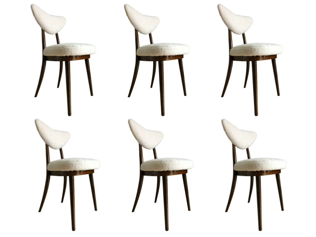 Midcentury White bouclé Heart Chairs, by Kurmanowicz, 1960s, Set of 6