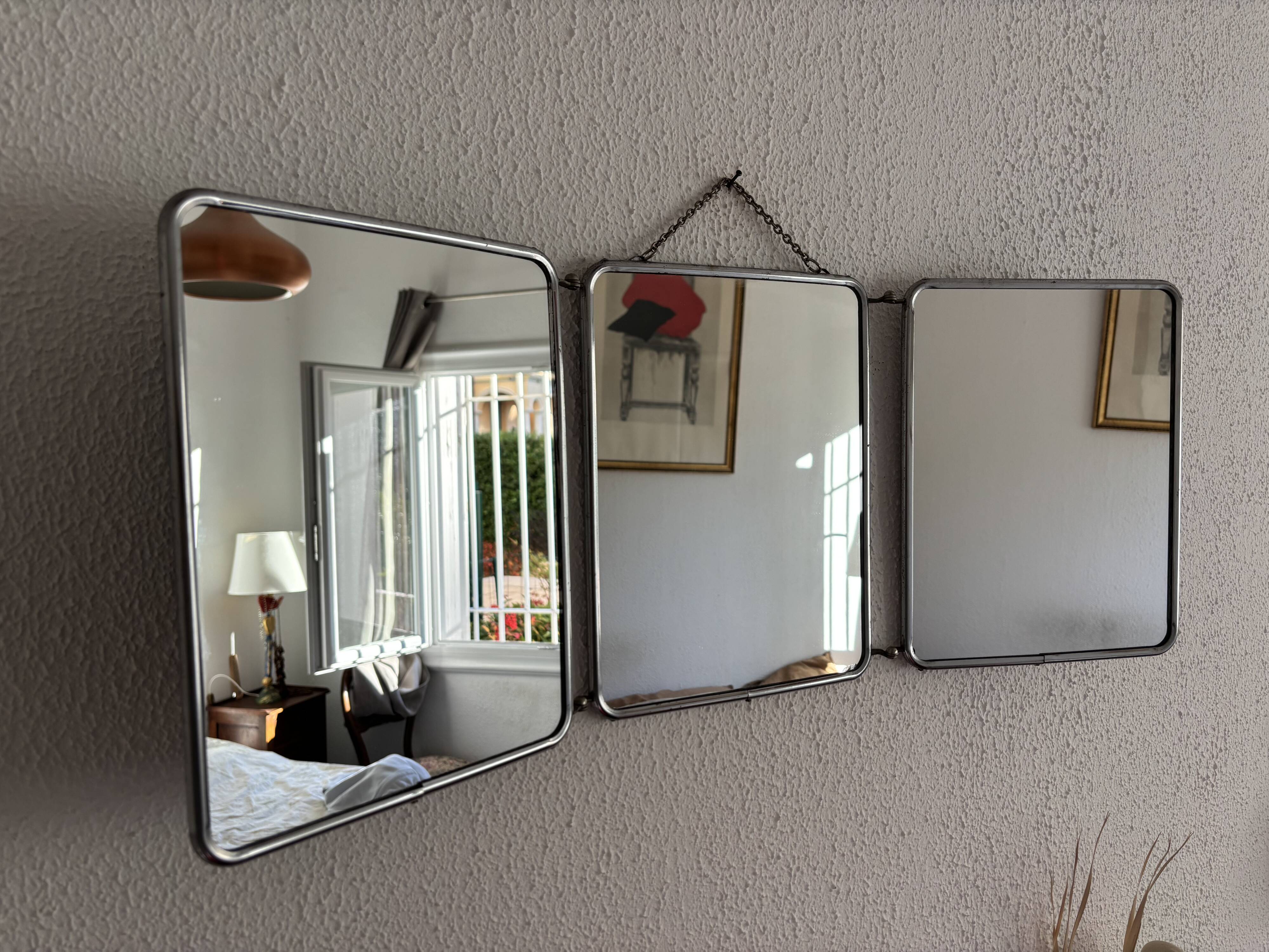 Miroir vintage 1960 triptyque barbier argenté Arpin - 28 x 70 cm