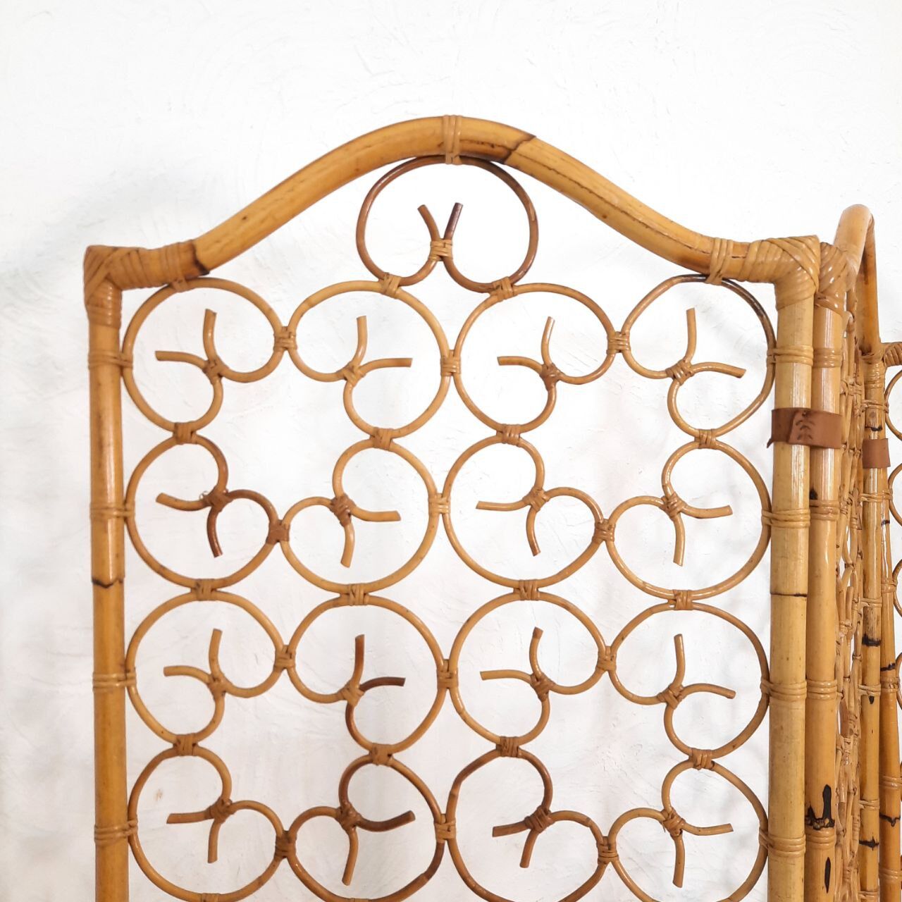 Vintage screen made of bamboo, wicker and leather