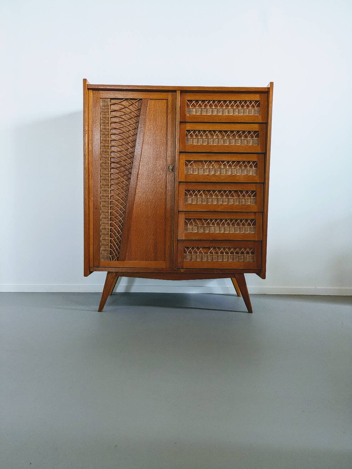 Vintage wooden and wicker chest of drawers
