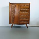 Vintage wooden and wicker chest of drawers