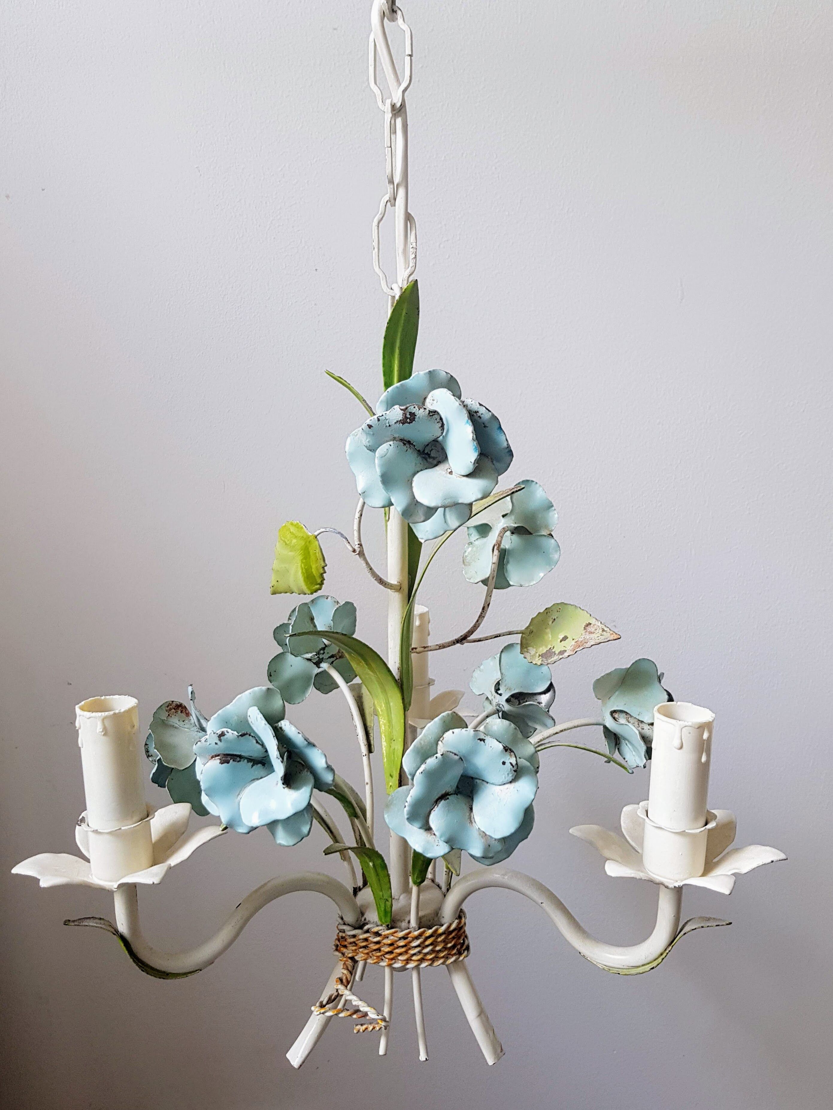 Vintage tole chandelier with light blue roses 1960s