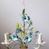 Vintage tole chandelier with light blue roses 1960s