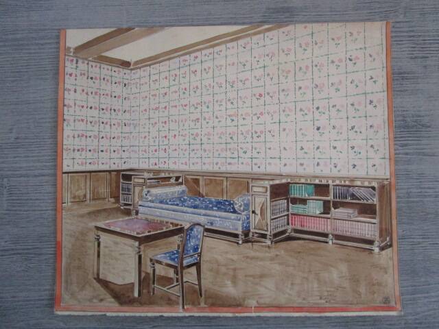 Original old watercolor - Interior architecture