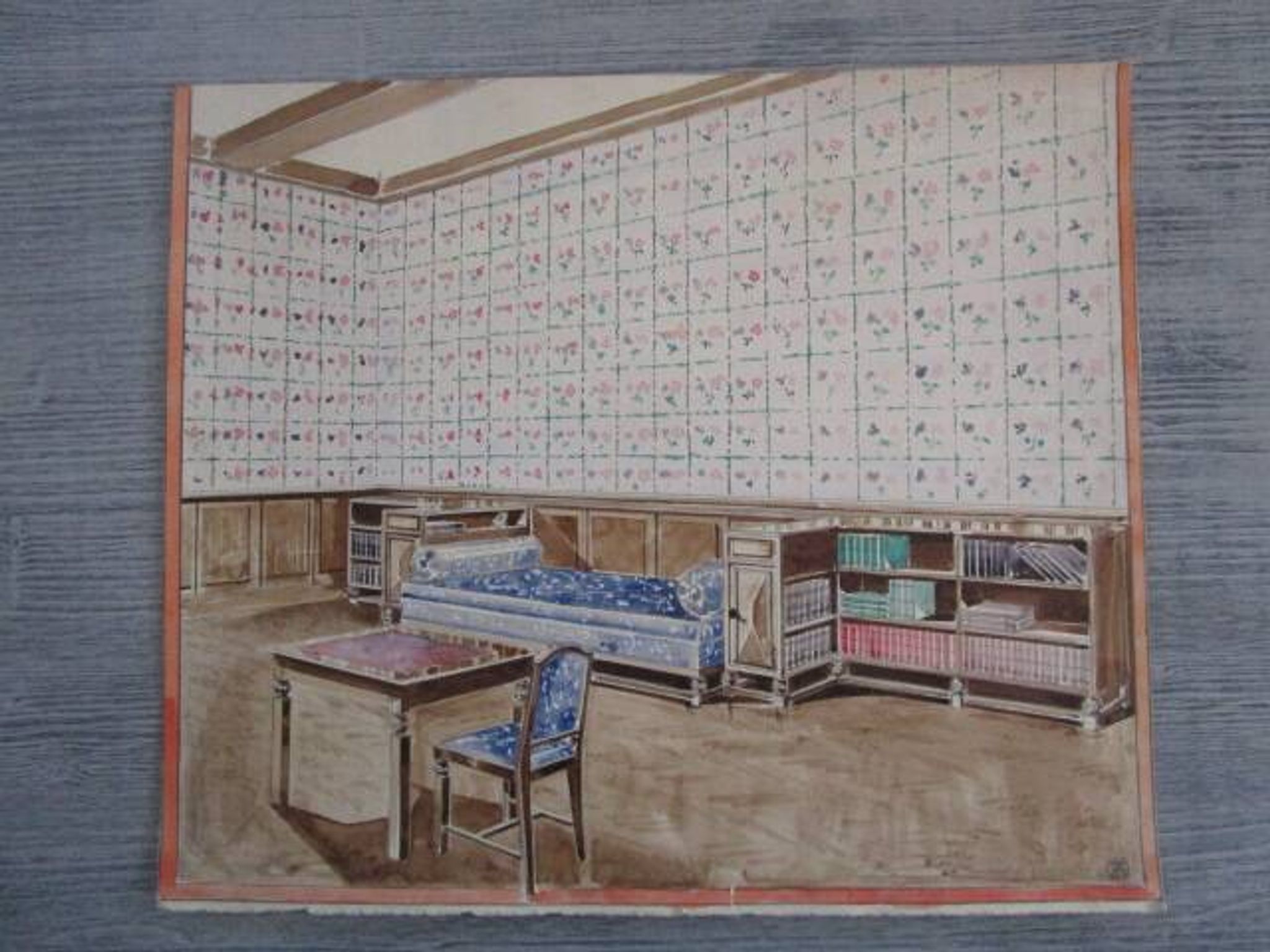 Original old watercolor - Interior architecture