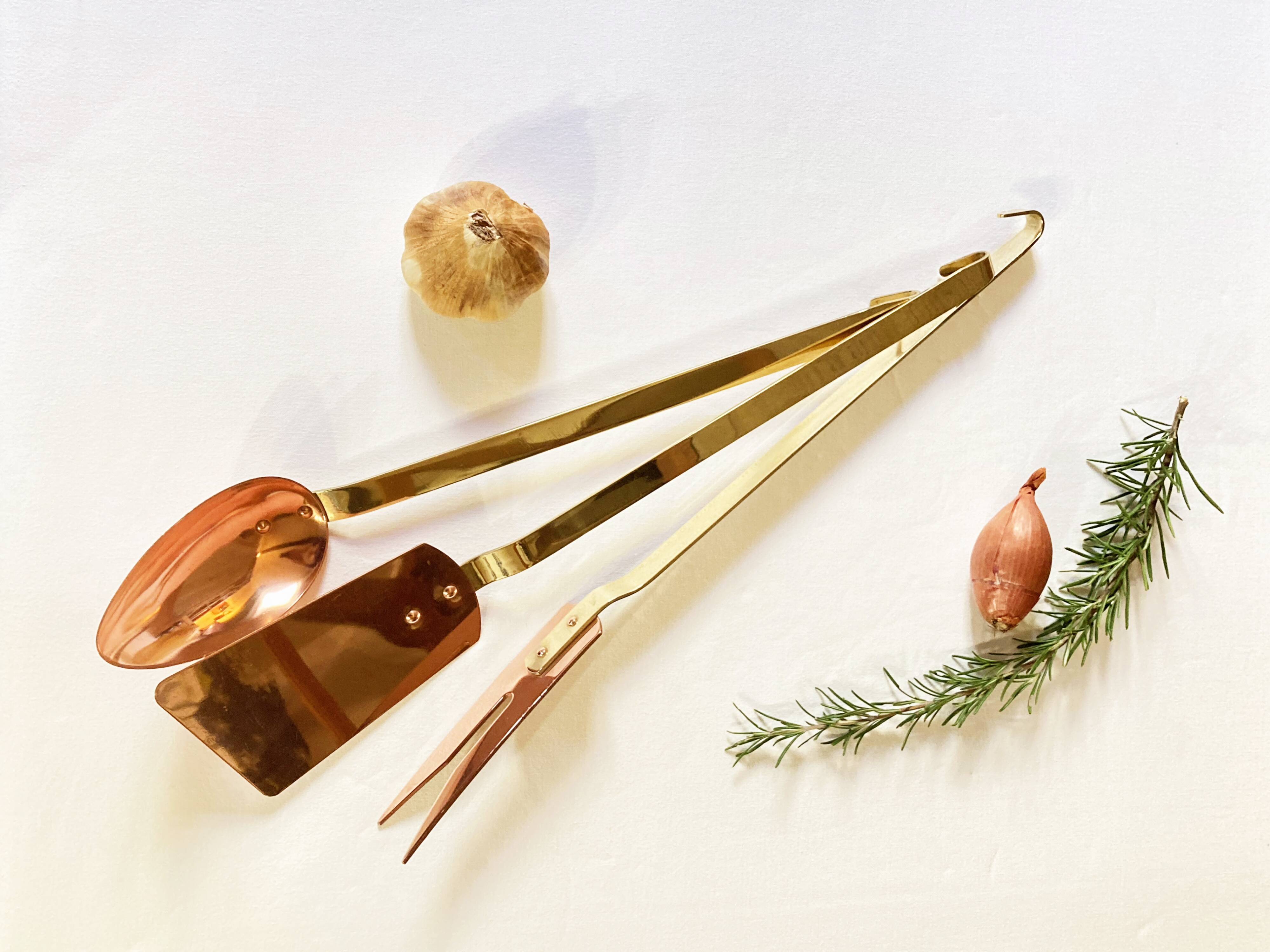 Copper and brass kitchen utensils