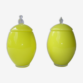 vintage yellow opaline covered jars