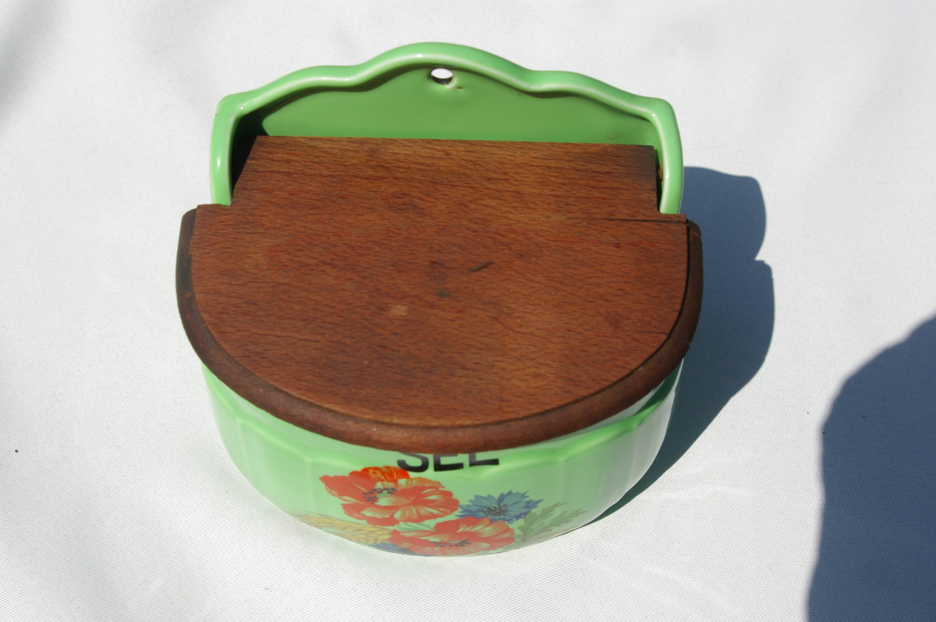 Vintage Ceramic and Wood Salt Box - Rare green color