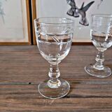 Vintage engraved glass liqueur glasses (digestif), geometric design.
