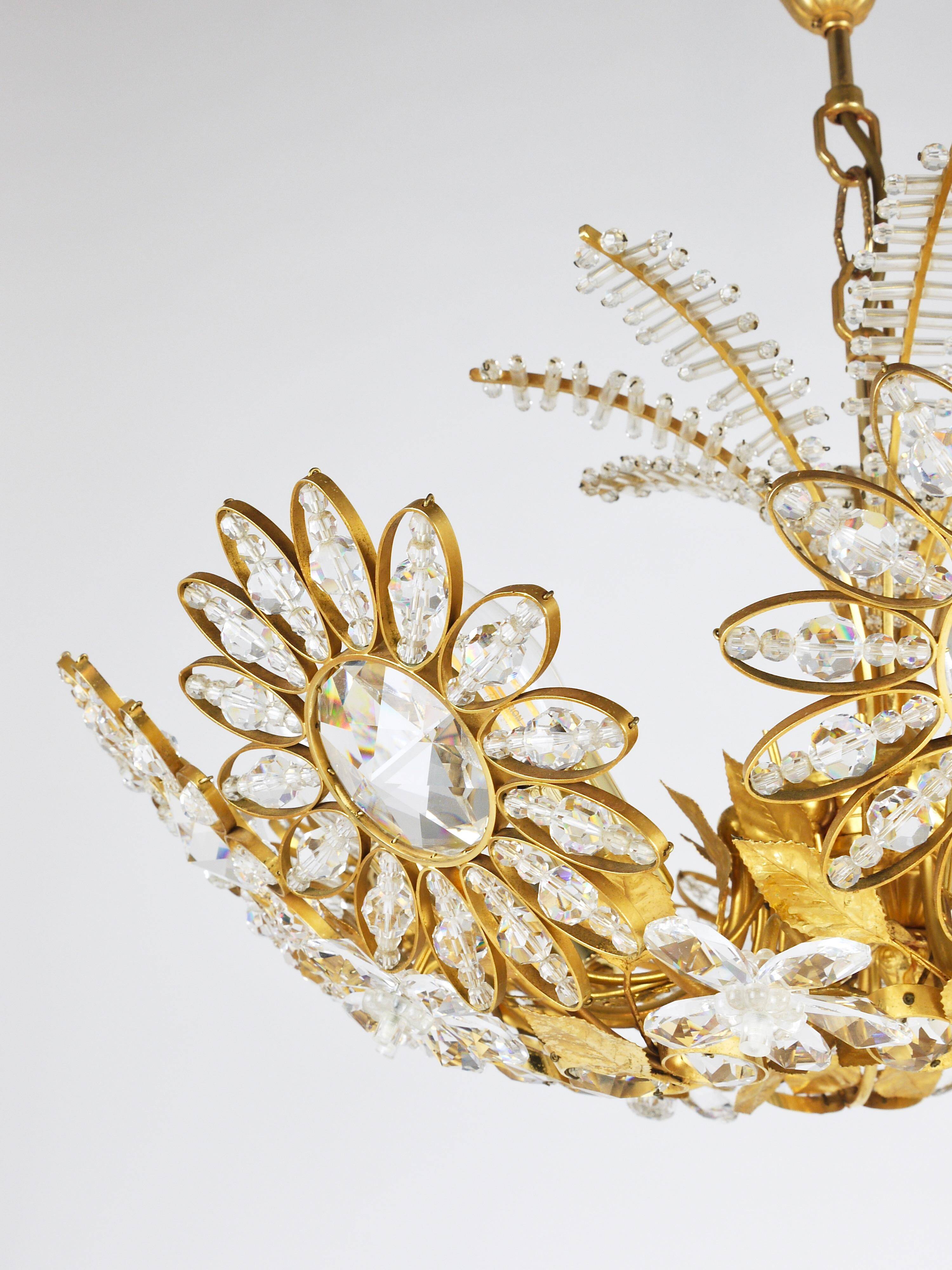 Ernst Palme Grand Chandelier Palm Tree Flower Palwa, Gilded Brass, Crystals, 1970s