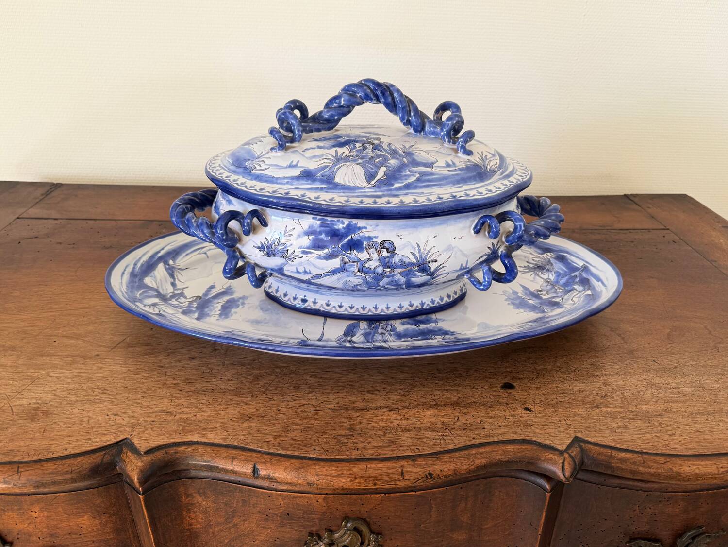 Antique blue faience soup tureen with stand.