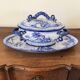 Antique blue faience soup tureen with stand.