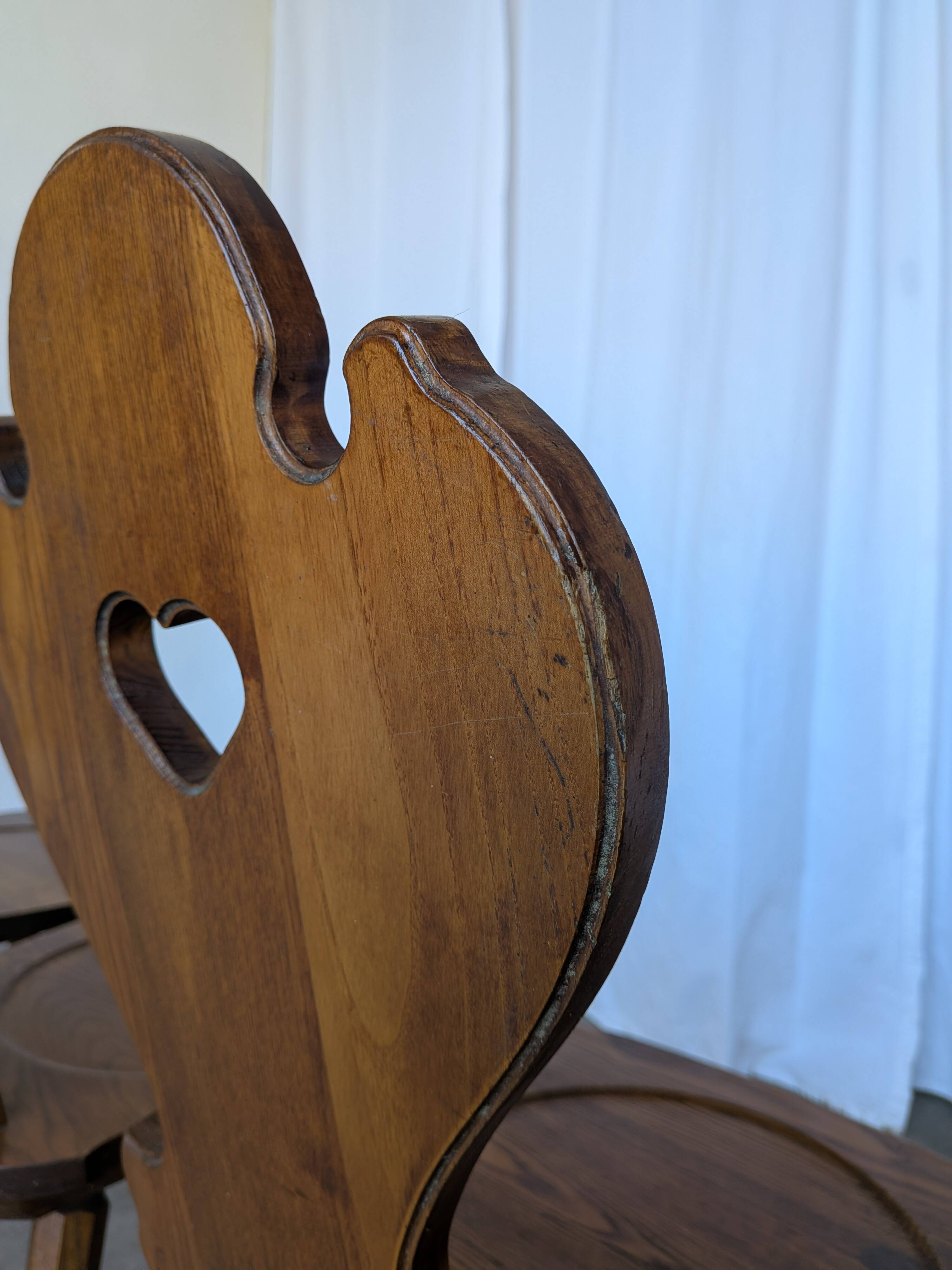 Set of 4 Farmhouse Tyrolean Chair with Heart Cutout Back / 1970s Vintage Di