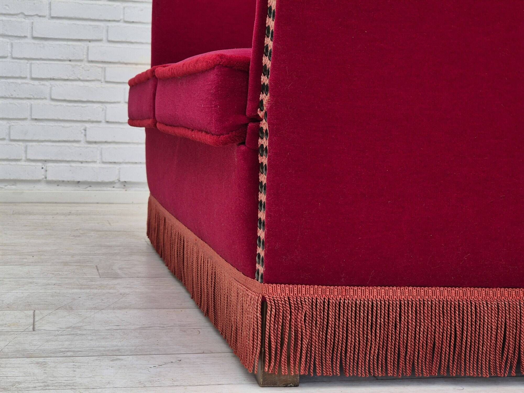 1970s, Danish drop arm "Spanish" sofa, original condition, cherry red furniture velour.