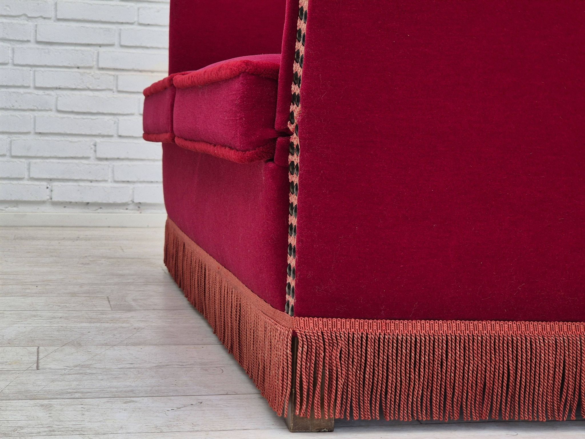 1970s, Danish drop arm "Spanish" sofa, original condition, cherry red furniture velour.