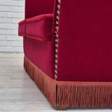 1970s, Danish drop arm "Spanish" sofa, original condition, cherry red furniture velour.