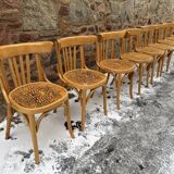 Set of 9 vintage bistro chairs in beech wood – bentwood, patterned seat