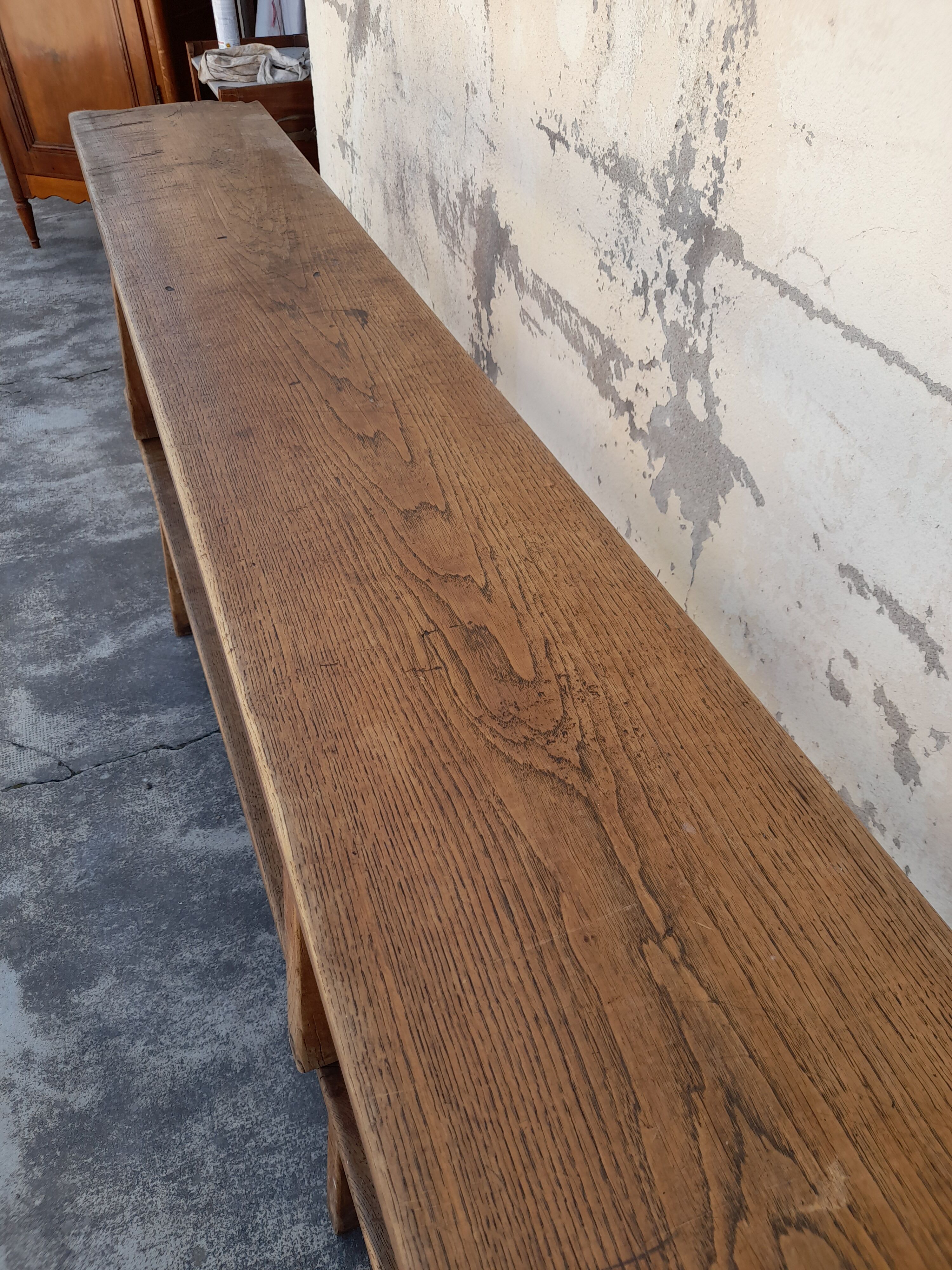 Pair of oak old farm benches 2m71