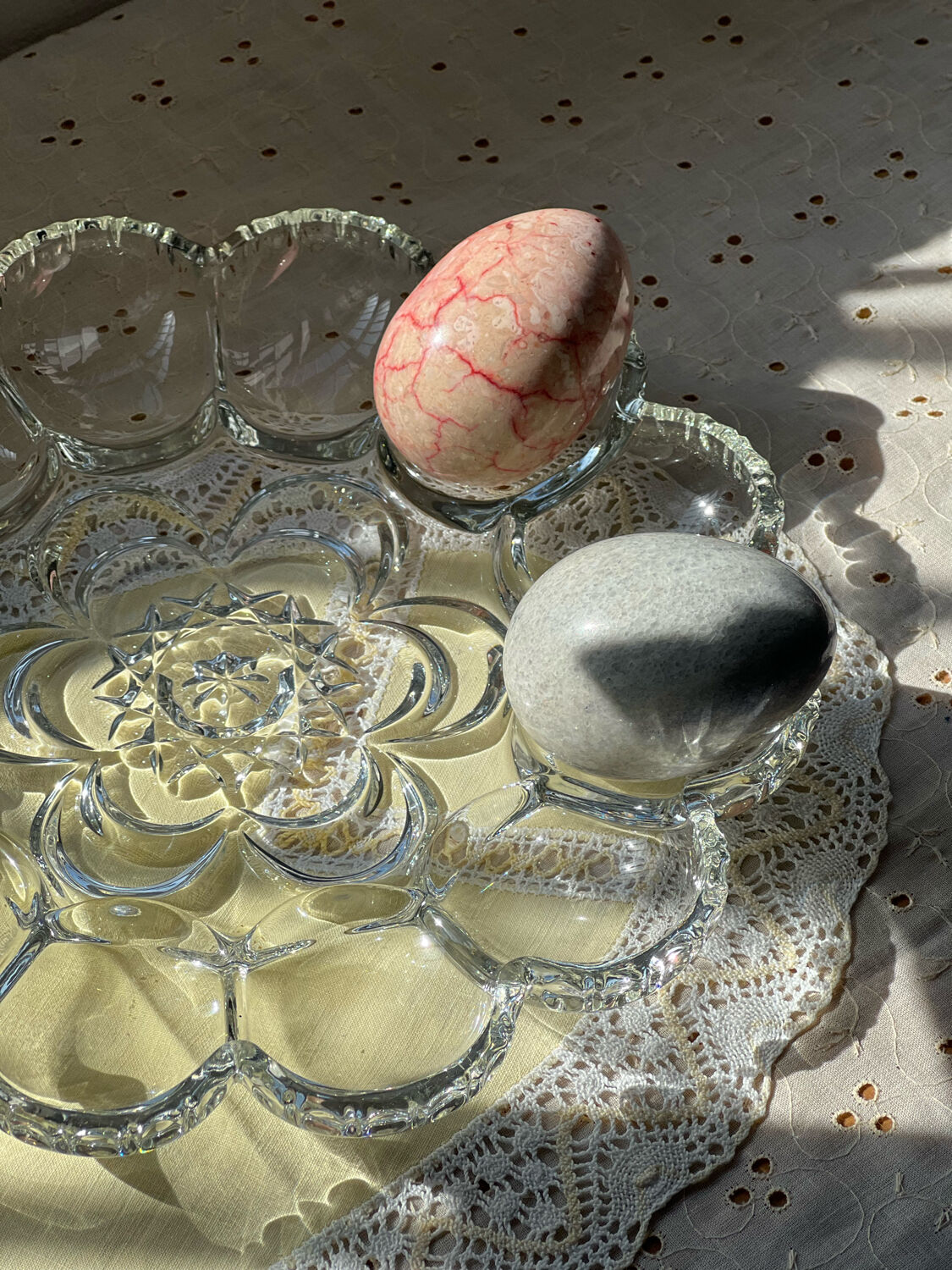 Crystal glass egg dish/tray by August Walther Glass