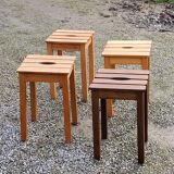 Set of 4 vintage stools in solid beech with slats