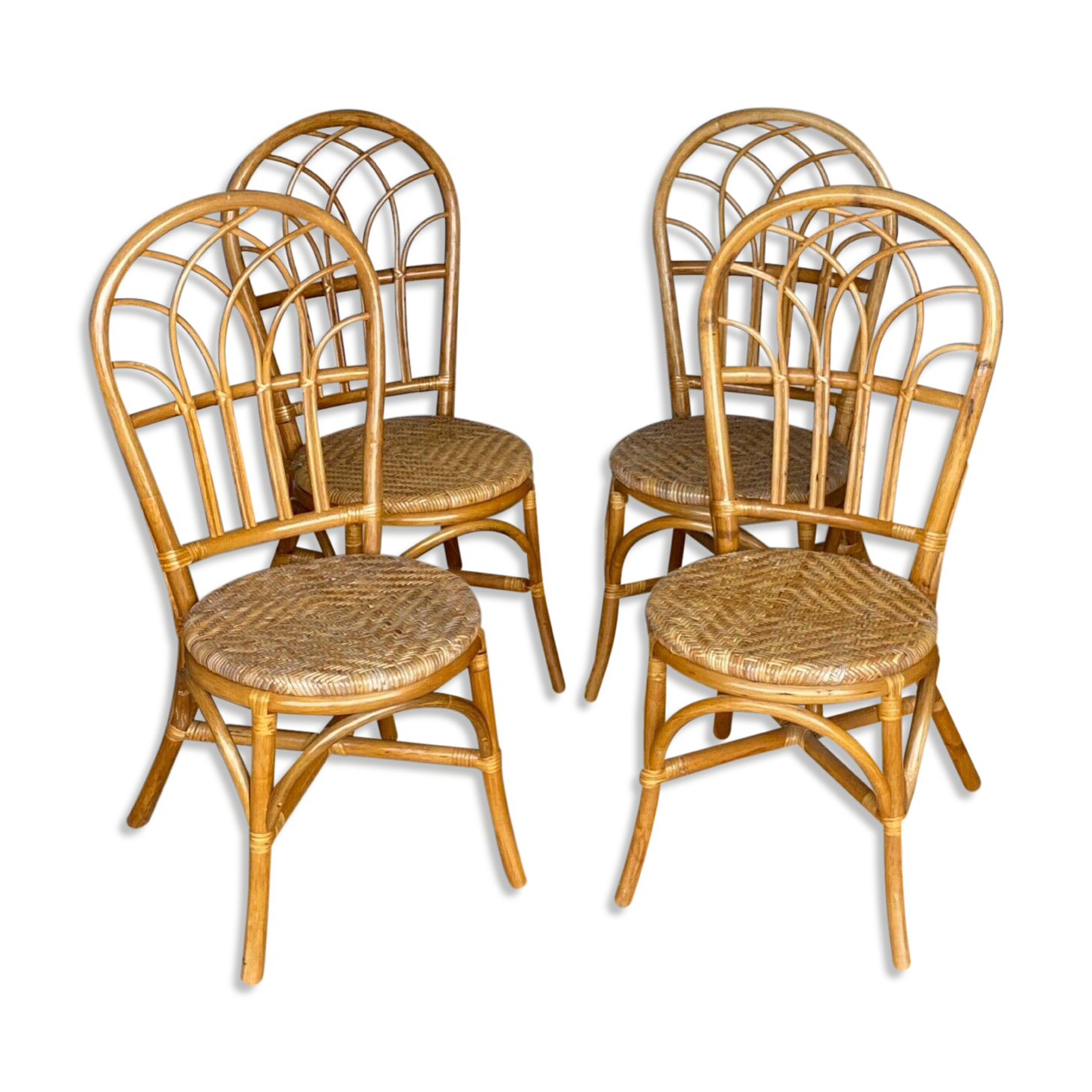 Suite de 4 chaises rotin 1970bois cintre belle patine
