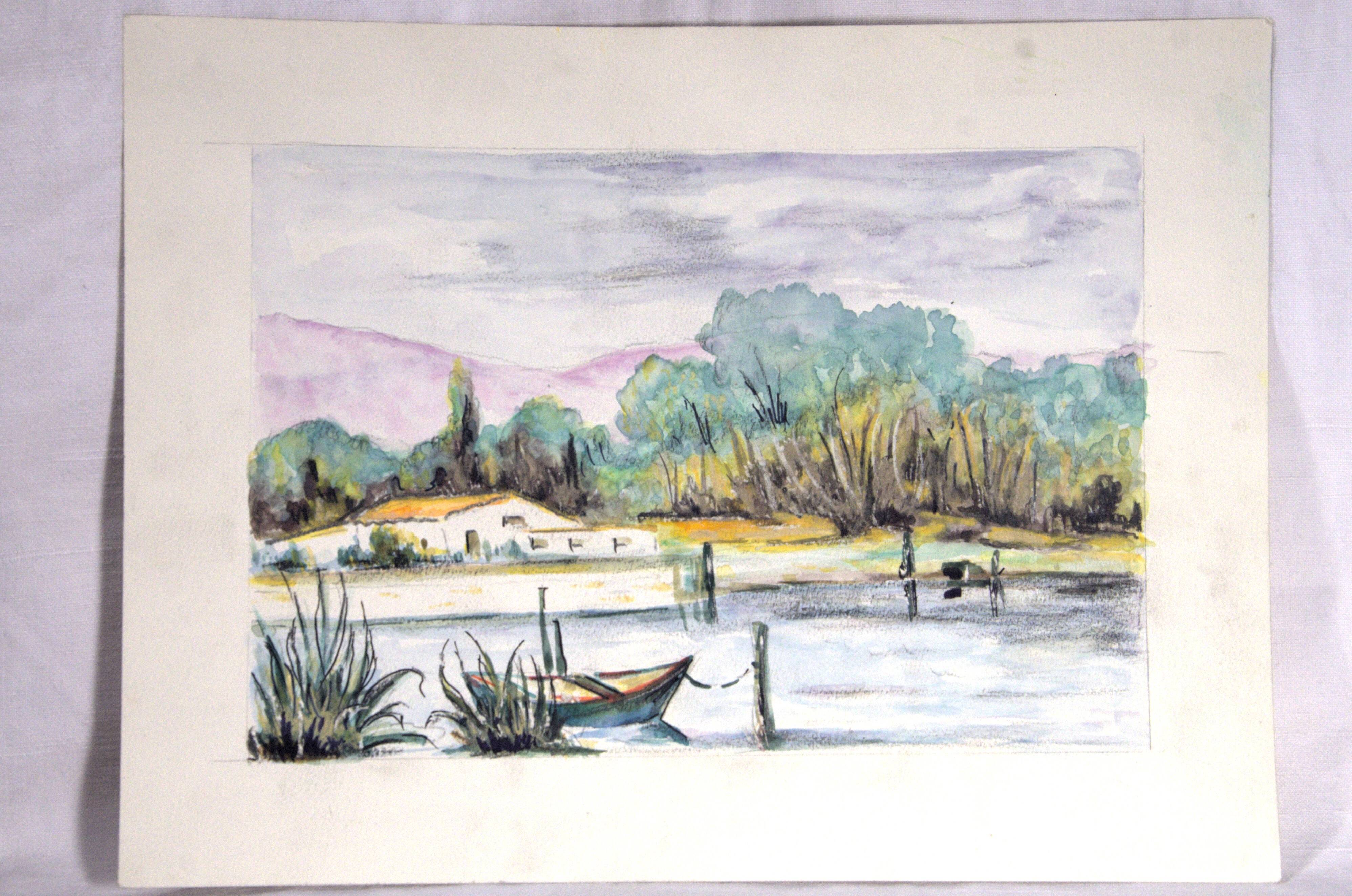Watercolour depicting a pond with a boat and a Provençal farmhouse, 24x32cm