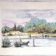 Watercolour depicting a pond with a boat and a Provençal farmhouse, 24x32cm