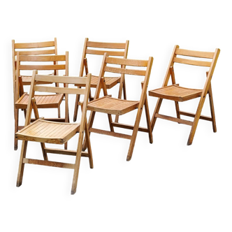 Set of 6 folding chairs in solid beech from the 70s