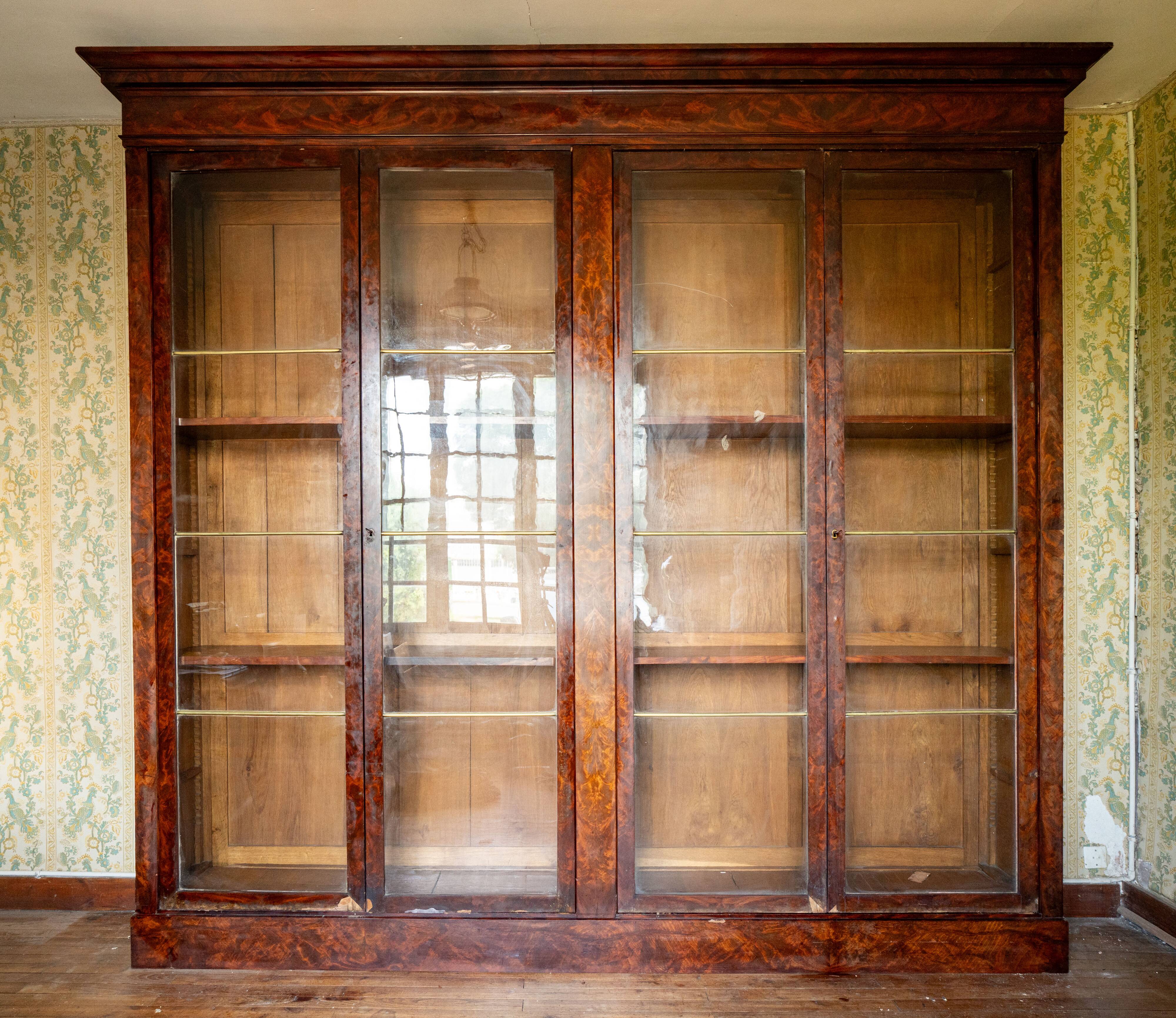 Important library Louis-Philippe 270 cm flamed mahogany 19th century dismantled