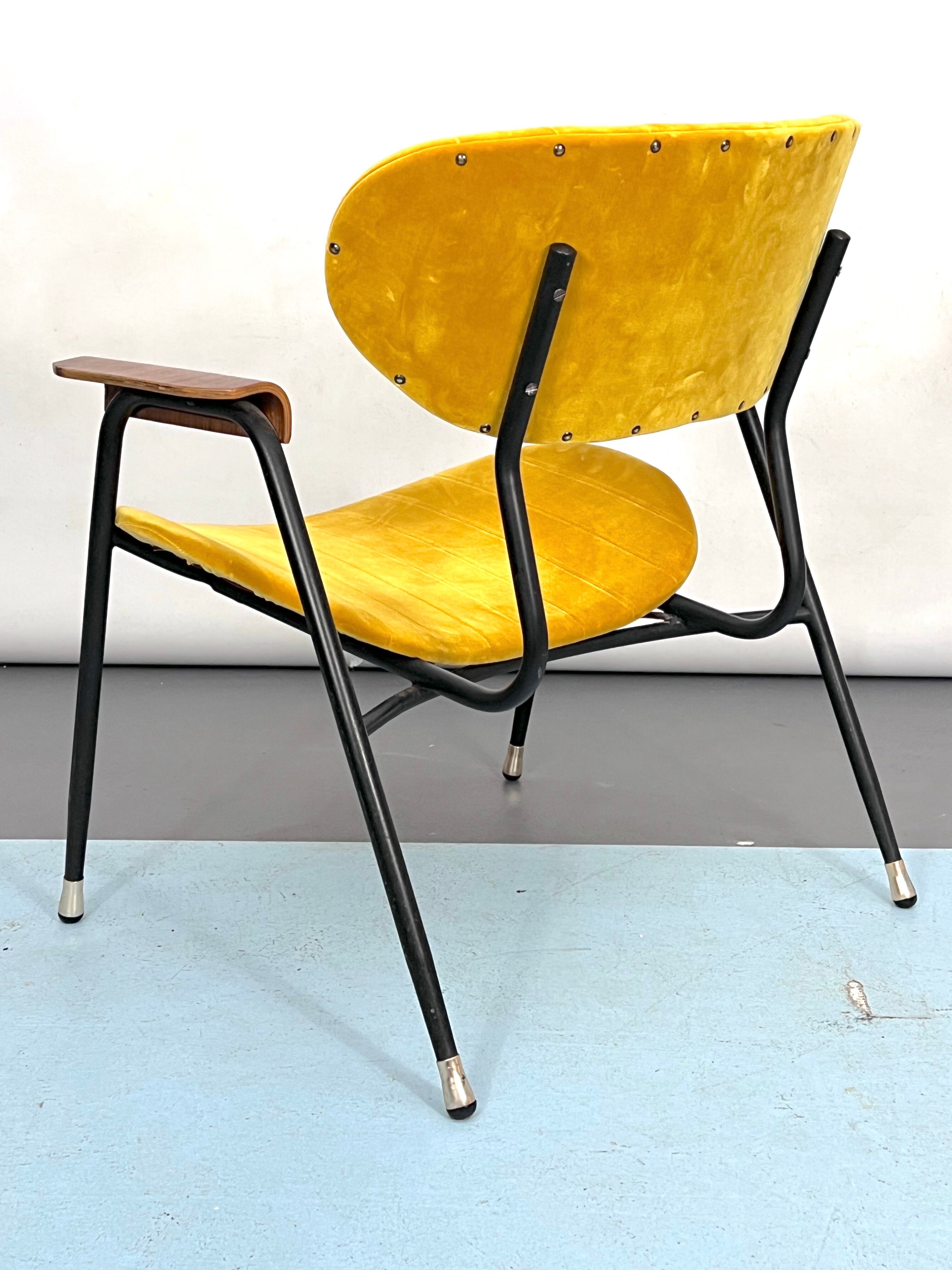 Vintage yellow velvet chair by Gastone Rinaldi for Rima. Italy 1950s
