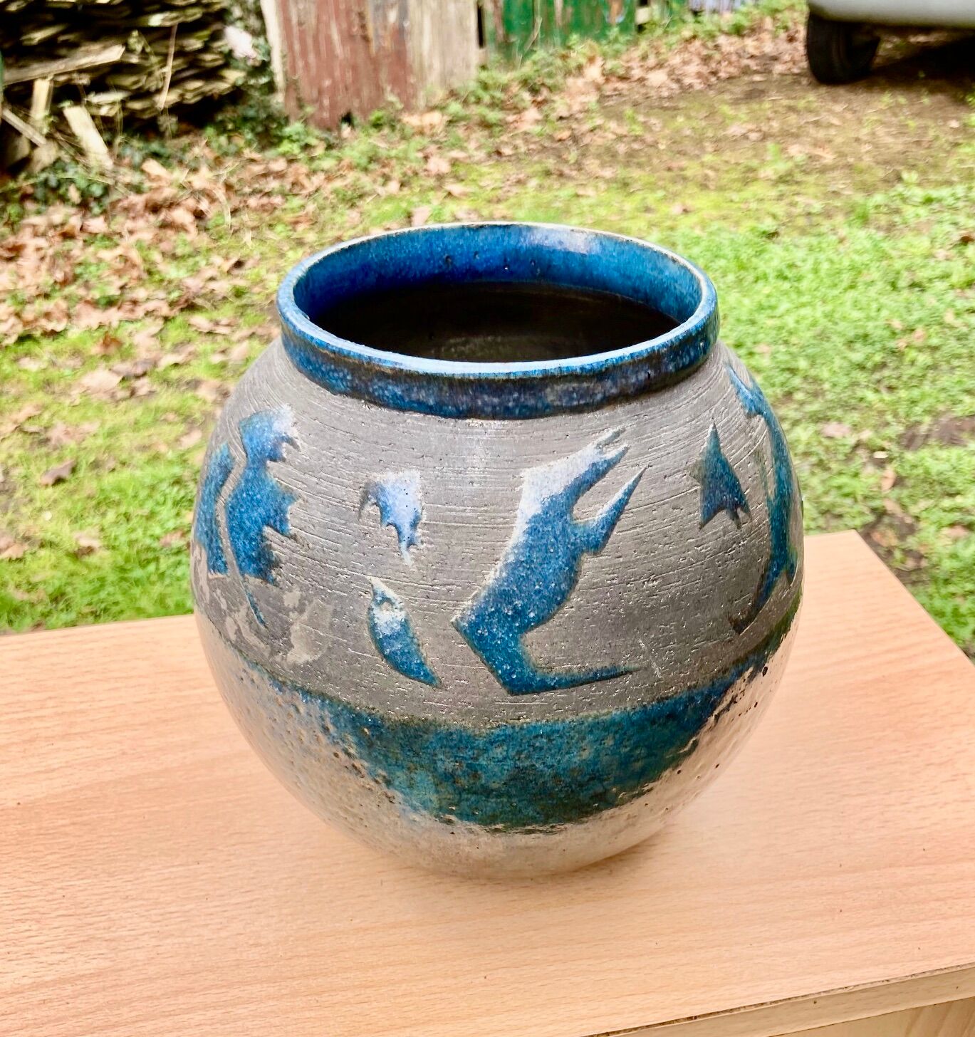 VASE PENSU , in enamelled ceramic, blue and gray abstract decoration - N° 10 - Vintage