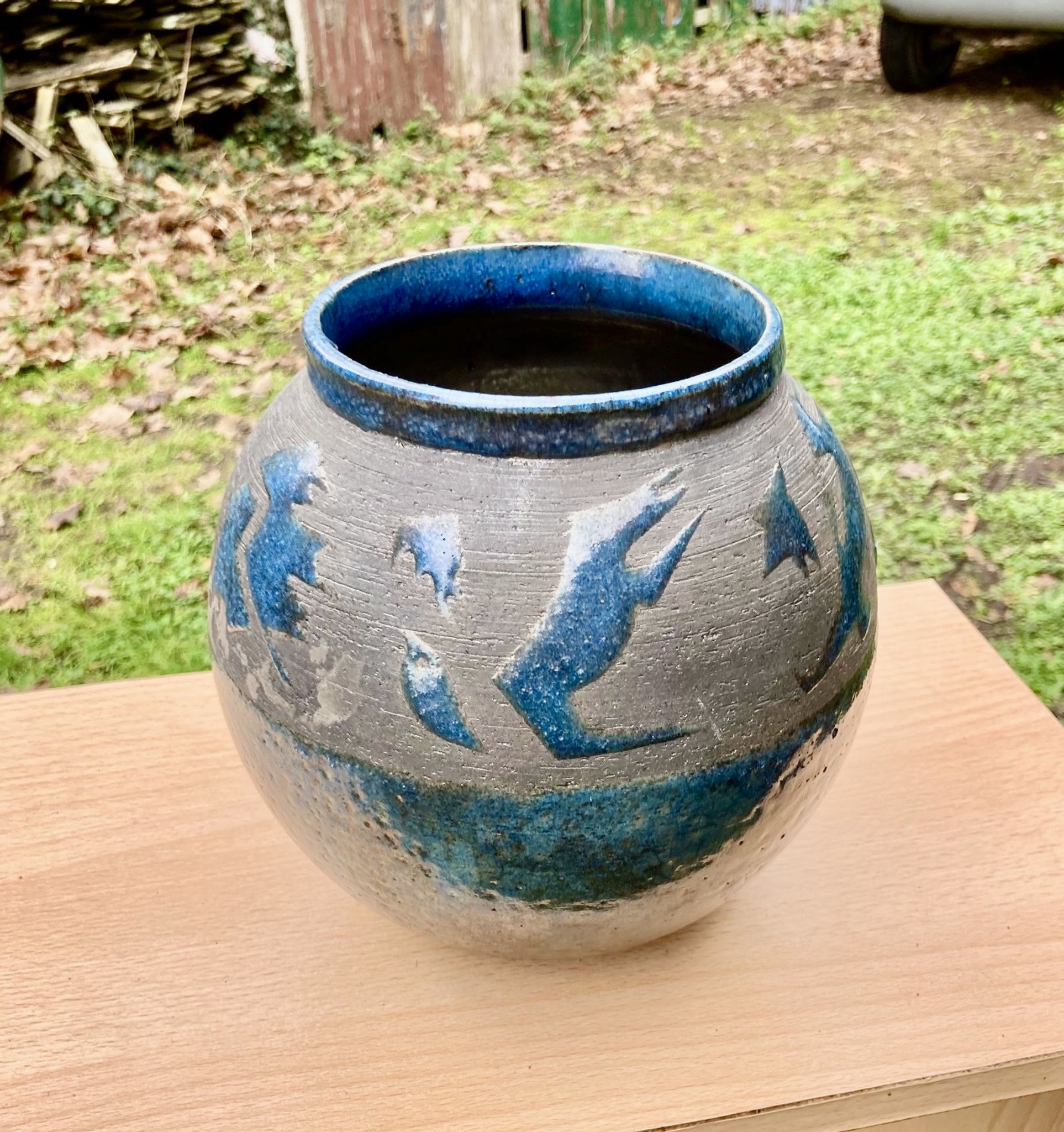 VASE PENSU , in enamelled ceramic, blue and gray abstract decoration - N° 10 - Vintage
