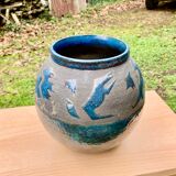 VASE PENSU , in enamelled ceramic, blue and gray abstract decoration - N° 10 - Vintage