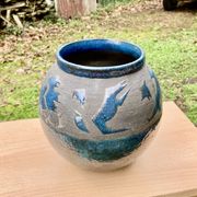 VASE PENSU , in enamelled ceramic, blue and gray abstract decoration - N° 10 - Vintage