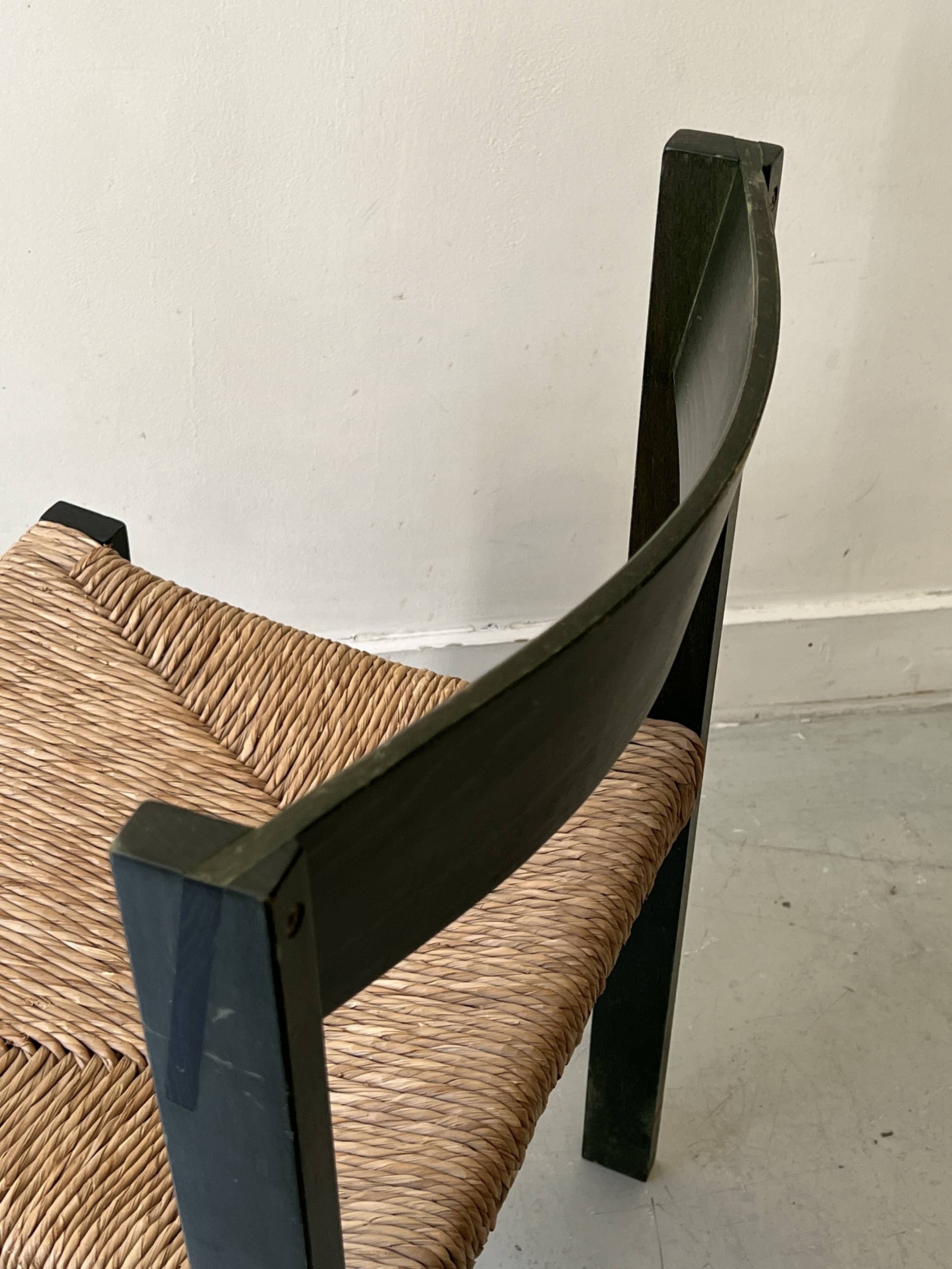 Bottle green patinated wooden straw chair, France 1950