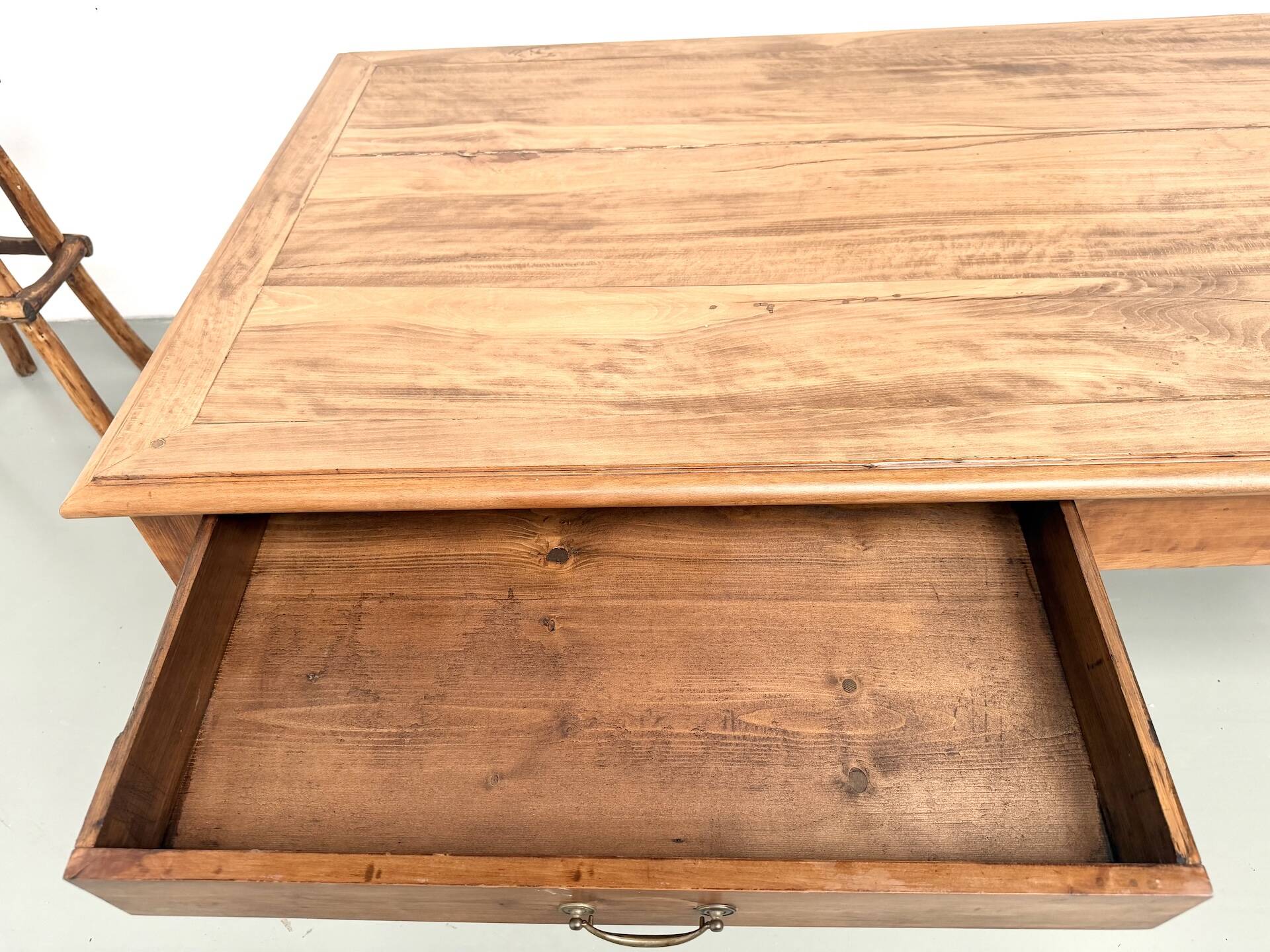 Farm table with 5 feet in beech and 4 drawers, 1950s.