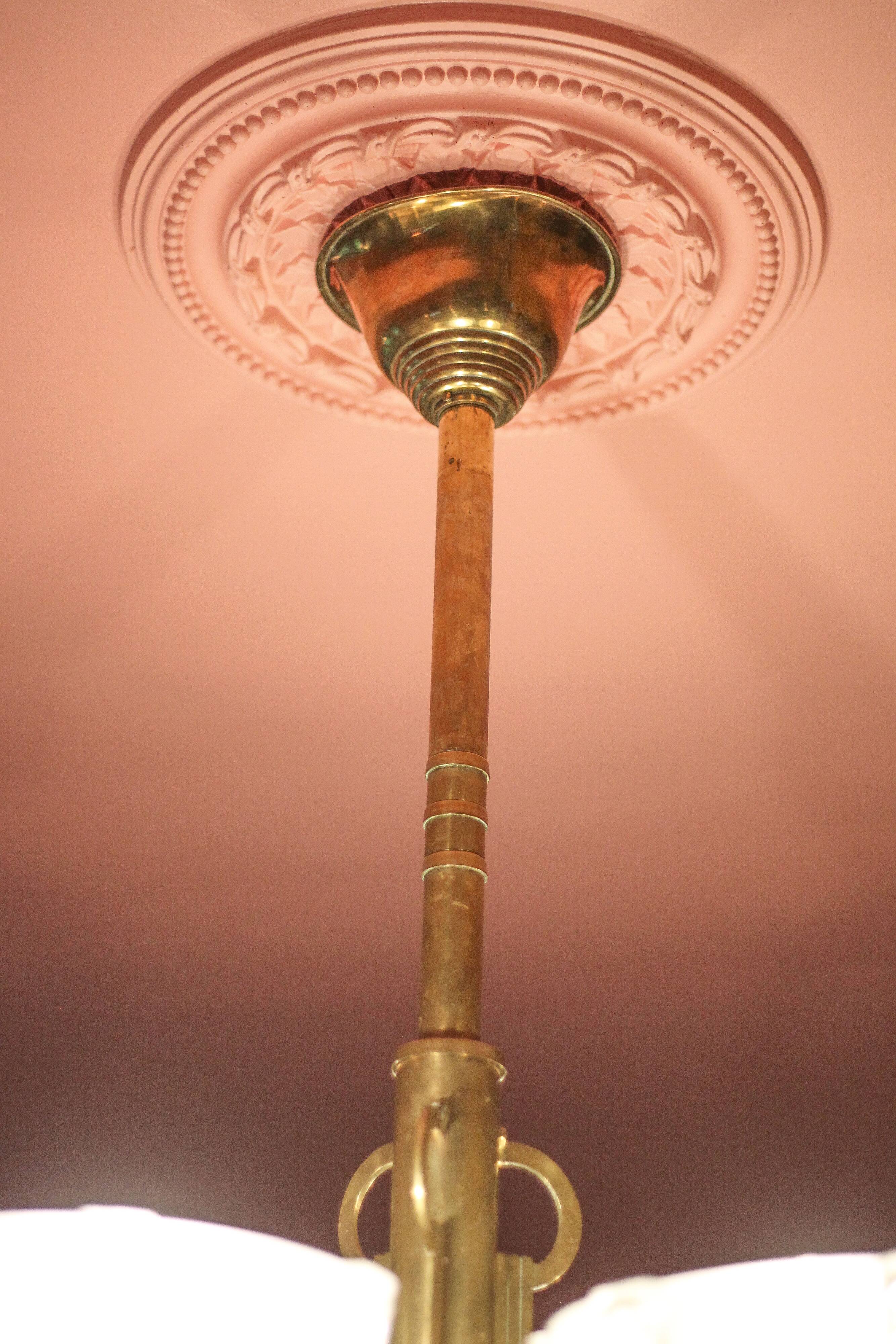 art deco suspension, 6-light Ezan glass globe chandelier, art deco bronze chandelier