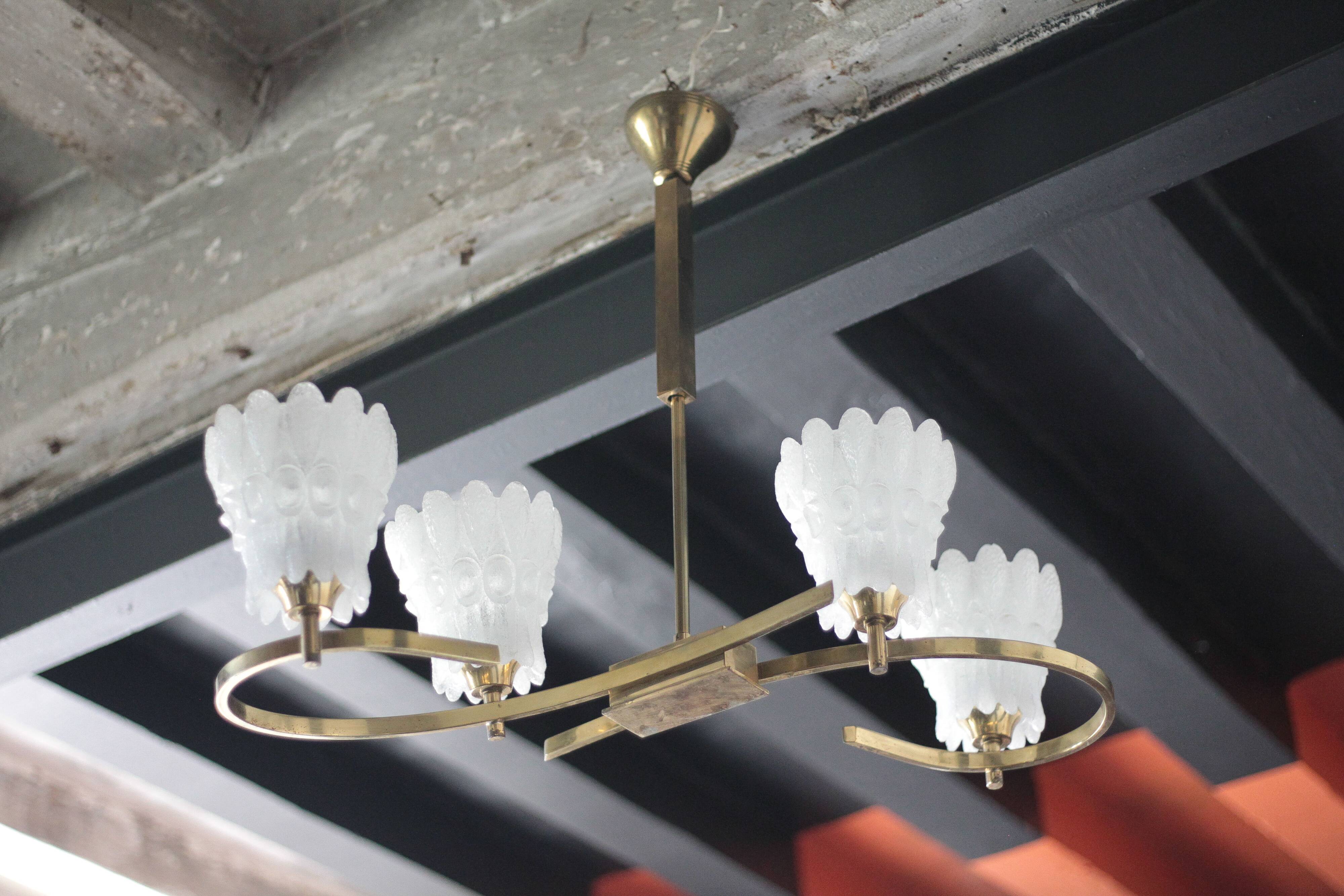 Vintage brass suspension with thick milk glass globe, brass chandelier.