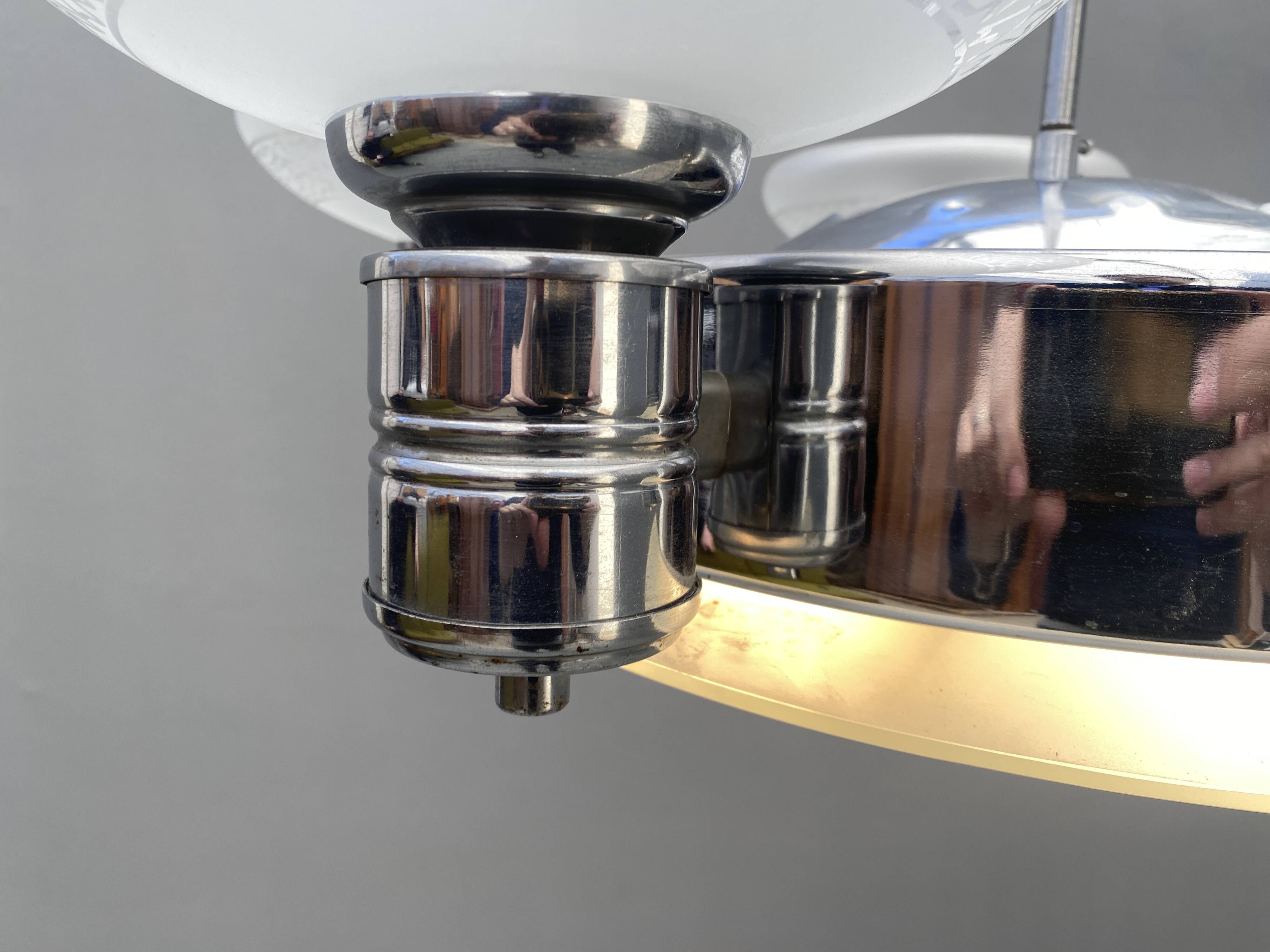 Art Deco Chrome Chandelier with Glass Bowl Shades