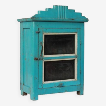 Indian furniture display case or bedside glass with old teak blue patina