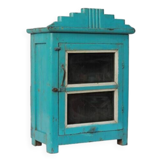 Vitrine meuble indien ou chevet vitre patine bleu vieux teck