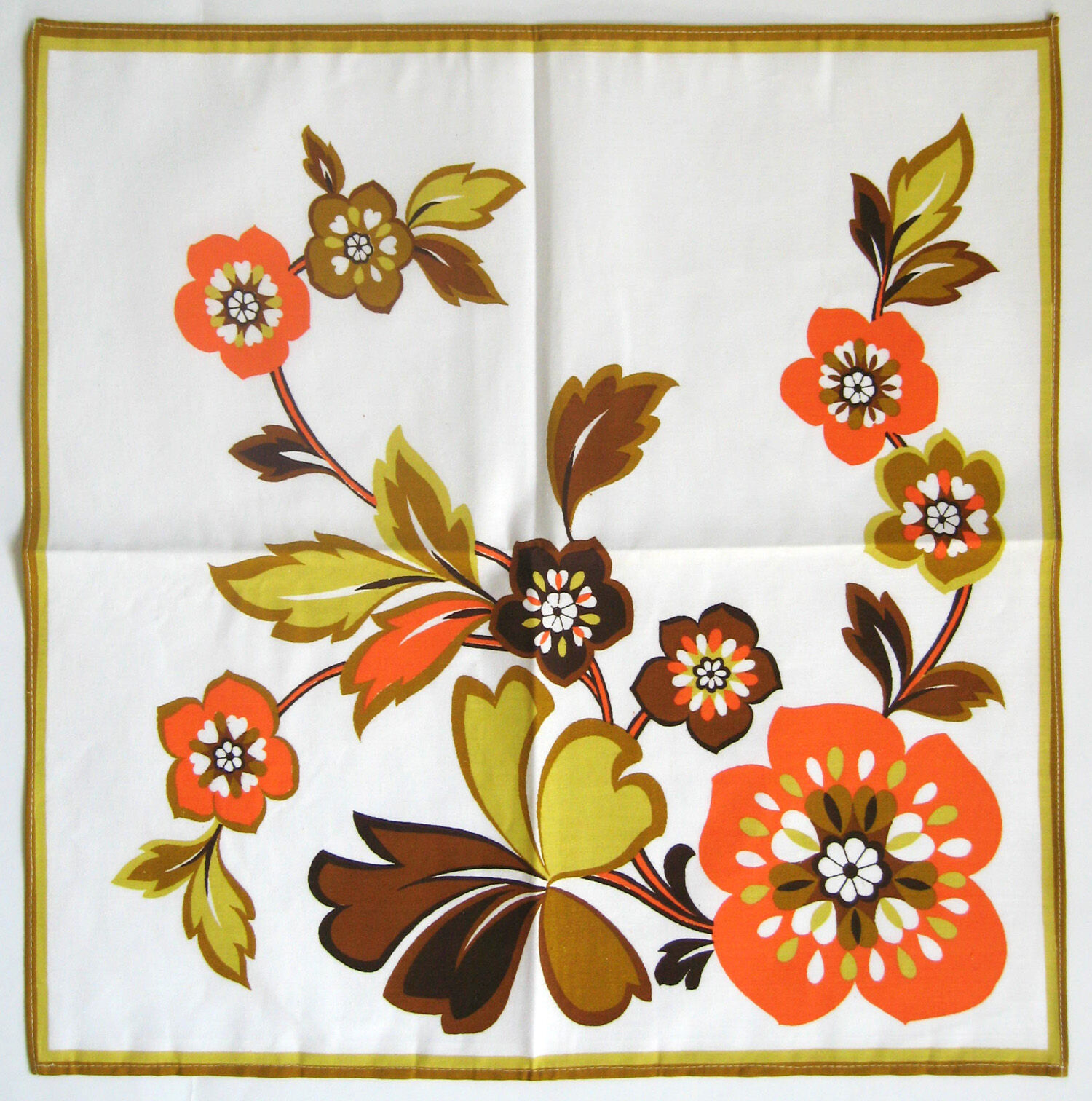 6 cotton napkins, orange and brown flower patterns on a white background - vintage 70s