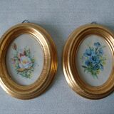 Set of 2 old frames in gilded wood and glass floral flower decoration
