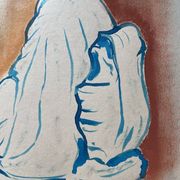 Signed painting pastel and Indian ink female portrait Japan “geisha blue”