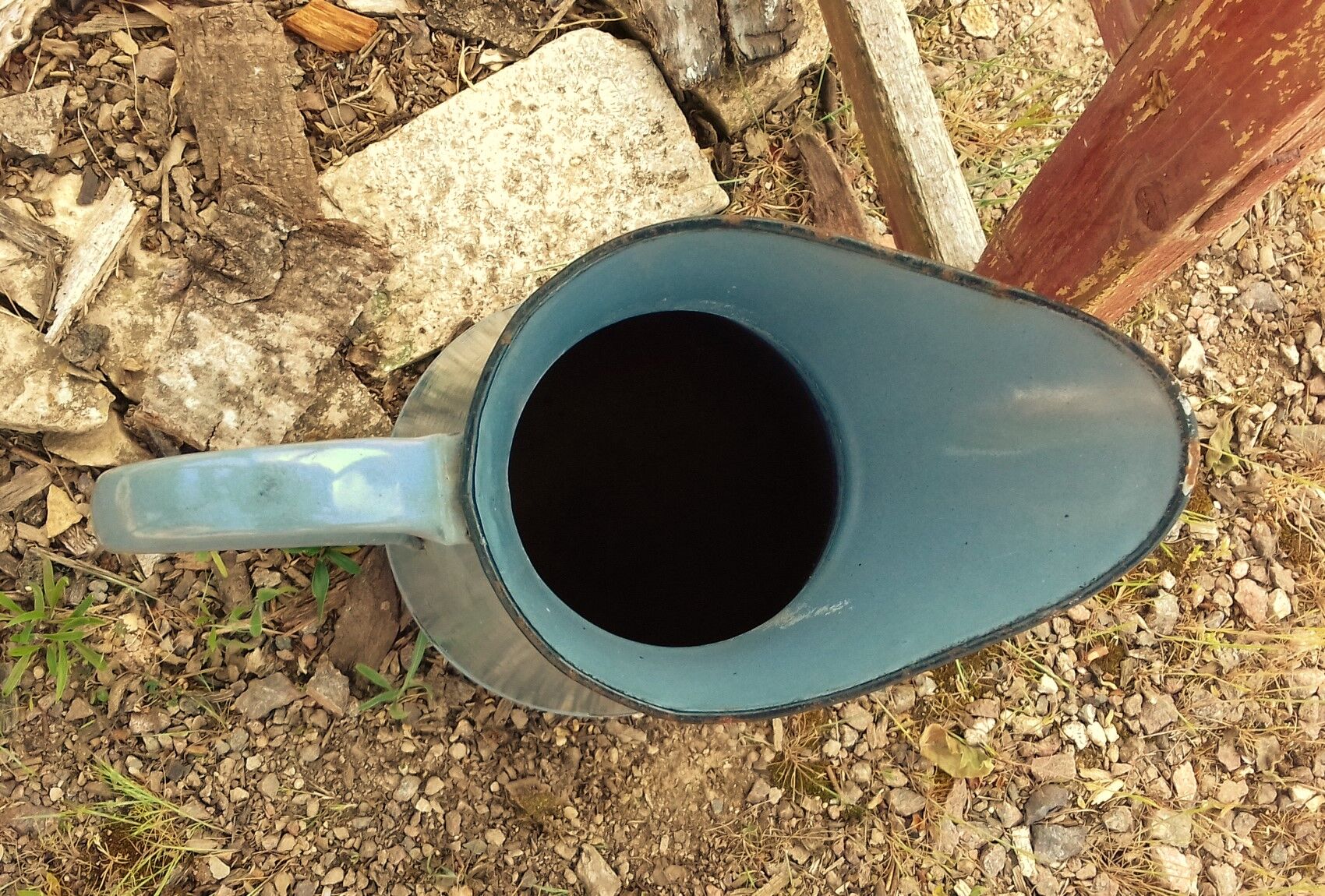 Grand Broc in enamelled sheet blue grey vintage spout + handle