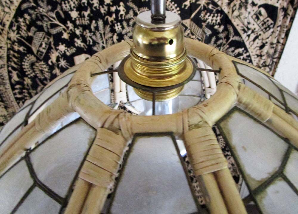 Hanging lamp mother-of-pearl, rattan and brass