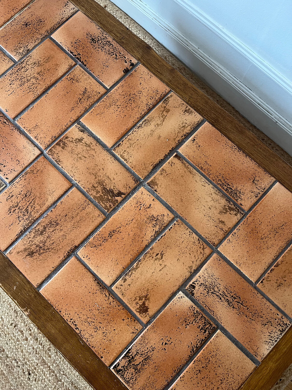 Oak and ceramic coffee table from the mid-20th century.